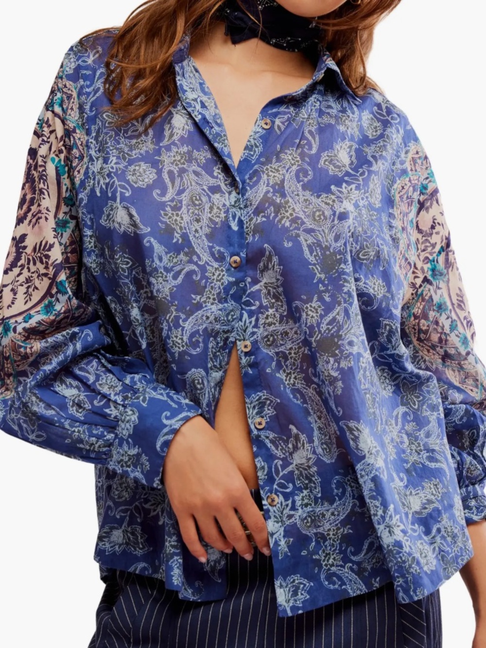 Free People Rose Bud Blouse, featuring an eye-catching blue paisley
